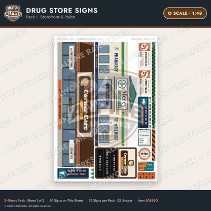 Alpine Railworks 30656O O Scale Drug Store Signs - Storefront & Pylon