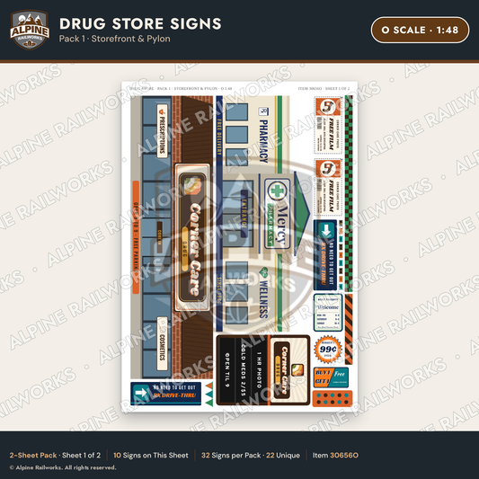 Alpine Railworks 30656O O Scale Drug Store Signs - Storefront & Pylon