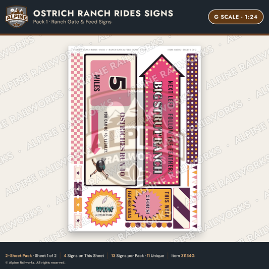Alpine Railworks 31134G G Scale Roadside Signs - Ostrich Farm