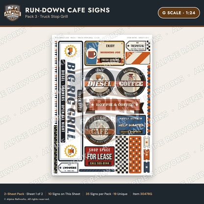 Alpine Railworks 30478G G Scale Run-Down Cafe Signs - Truck Stop Grill