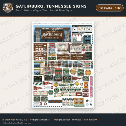Alpine Railworks 31266HO HO Scale Gatlinburg TN Signs - Welcome Signs