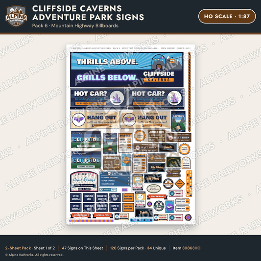 Alpine Railworks 30863HO HO Scale Roadside Signs - Cave Adventure Park