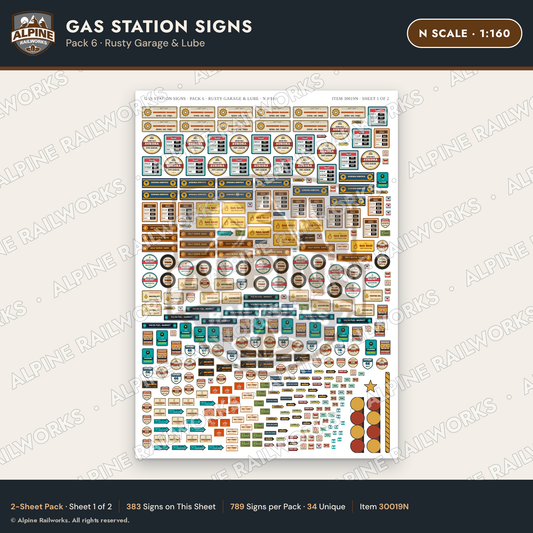 Alpine Railworks 30019N N Scale Gas Station Signs - Rusty Garage
