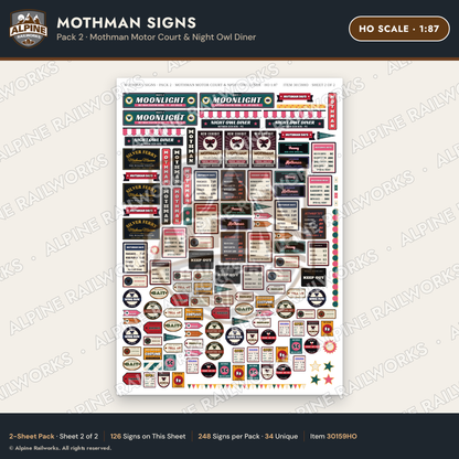 Alpine Railworks 30159HO HO Scale Mothman Signs - Mothman Motor Court