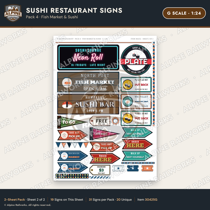 Alpine Railworks 30425G G Scale Sushi Restaurant Signs - Fish Market