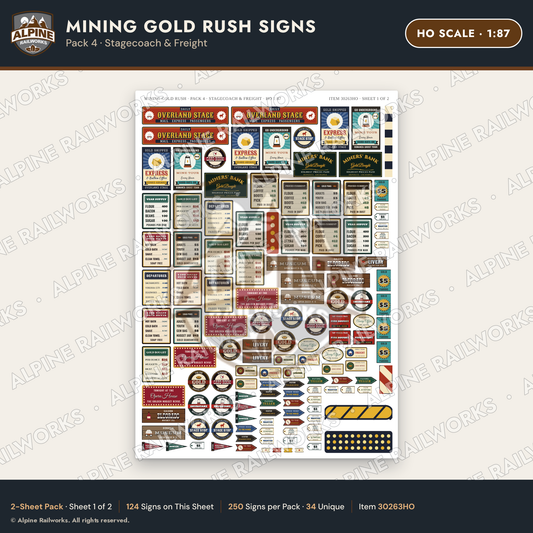 Alpine Railworks 30263HO HO Scale Mining Gold Rush Signs - Stagecoach