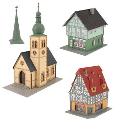 Faller 190038 HO Scale Village Life Set -- Kit - Church, 2 Town Buildings