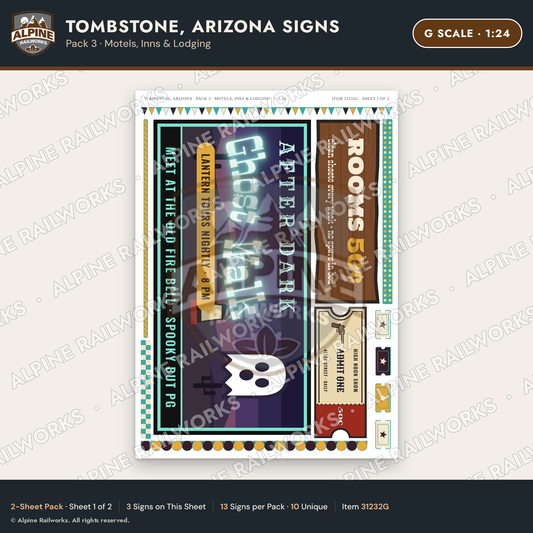 Alpine Railworks 31232G G Scale Tombstone AZ Signs - Motels & Inns