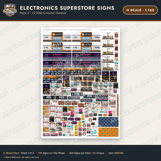Alpine Railworks 30675N N Scale Electronics Superstore Signs - TV Wall