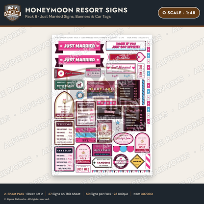 Alpine Railworks 30703O O Scale Honeymoon Resort Signs - Just Married