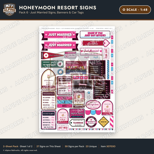 Alpine Railworks 30703O O Scale Honeymoon Resort Signs - Just Married