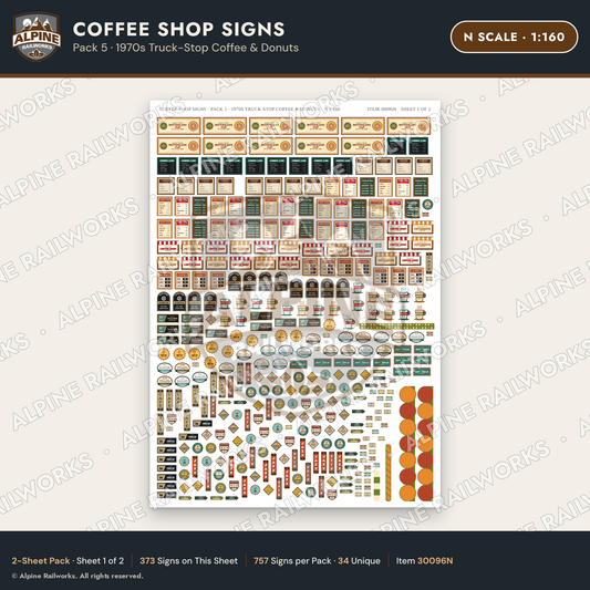 Alpine Railworks 30096N N Scale Coffee Shop Signs - Truck-Stop Coffee