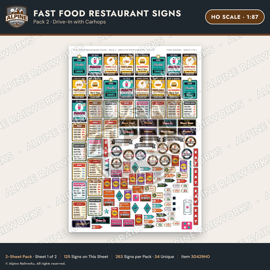 Alpine Railworks 30429HO HO Scale Fast Food Restaurant Signs