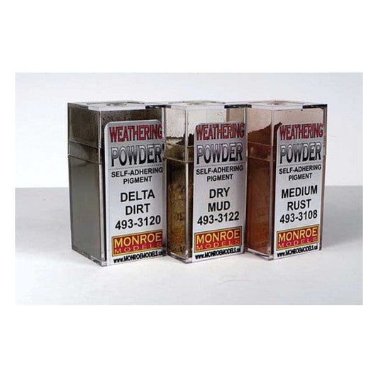 Monroe Models 2914 HO Scale Dirt & Rust Weathering Powder Set -- 1 Each: Delta Dirt, Dry Mud, Medium Rust