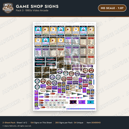 Alpine Railworks 30490HO HO Scale Game Shop Signs - 1980s Video Arcade