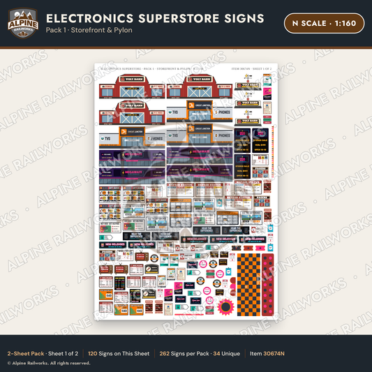 Alpine Railworks 30674N N Scale Electronics Superstore Signs