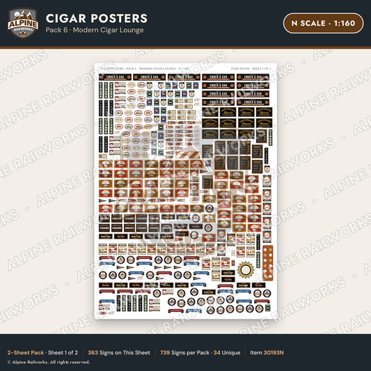 Alpine Railworks 30193N N Scale Cigar Posters - Modern Cigar Lounge