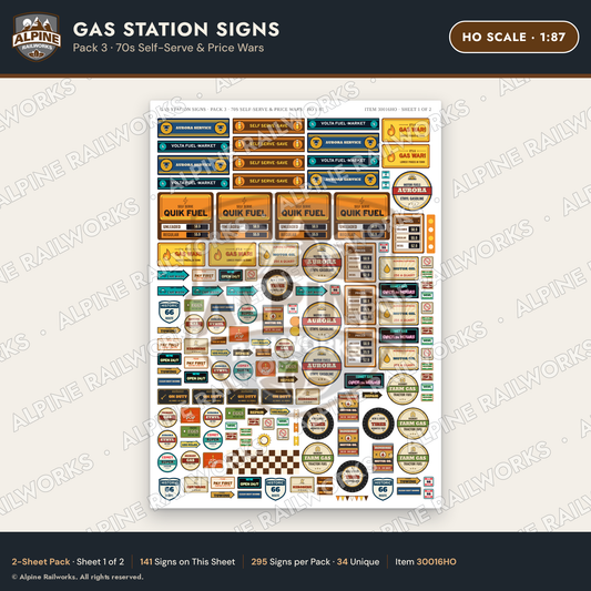 Alpine Railworks 30016HO HO Scale Gas Station Signs - 70s Self-Serve