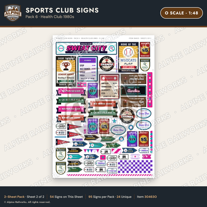 Alpine Railworks 30463O O Scale Sports Club Signs - Health Club 1980s