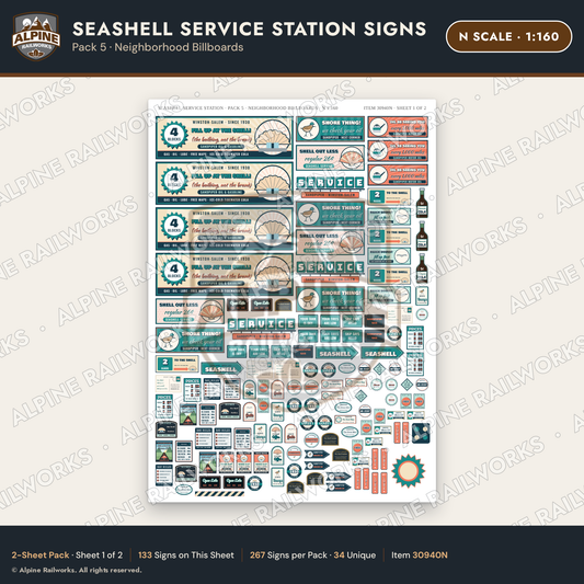 Alpine Railworks 30940N N Scale Roadside Signs - Seashell Gas Station
