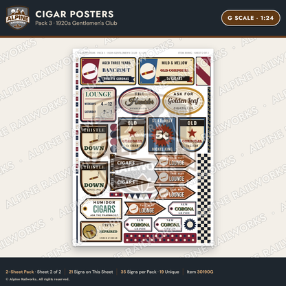 Alpine Railworks 30190G G Scale Cigar Posters - 1920s Gentlemen's Club