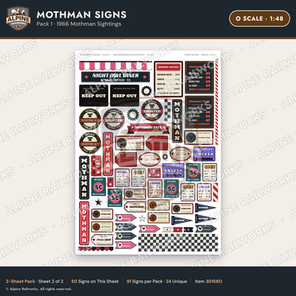 Alpine Railworks 30158O O Scale Mothman Signs - 1966 Mothman Sightings