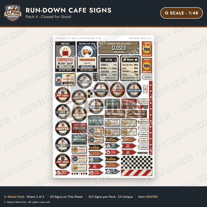 Alpine Railworks 30479O O Scale Run-Down Cafe Signs - Closed for Good