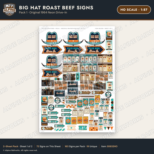 Alpine Railworks 30632HO HO Scale Fast Food Signs - Western Roast Beef