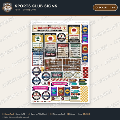 Alpine Railworks 30458O O Scale Sports Club Signs - Boxing Gym