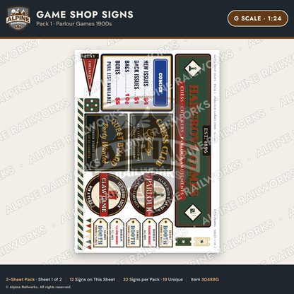 Alpine Railworks 30488G G Scale Game Shop Signs - Parlour Games 1900s