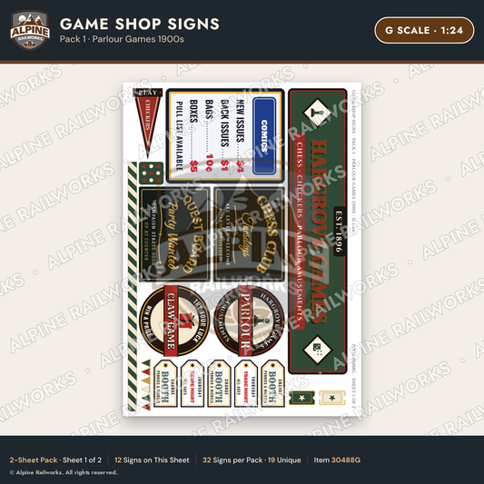 Alpine Railworks 30488G G Scale Game Shop Signs - Parlour Games 1900s