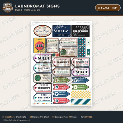 Alpine Railworks 30302G G Scale Laundromat Signs - 1950s Coin-Op