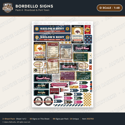 Alpine Railworks 30275O O Scale Bordello Signs - Riverboat & Port Town