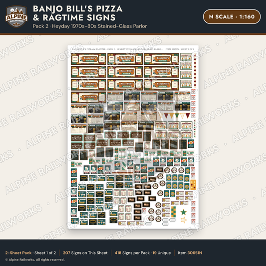 Alpine Railworks 30651N N Scale Restaurant Signs - Pizza & Music Hall