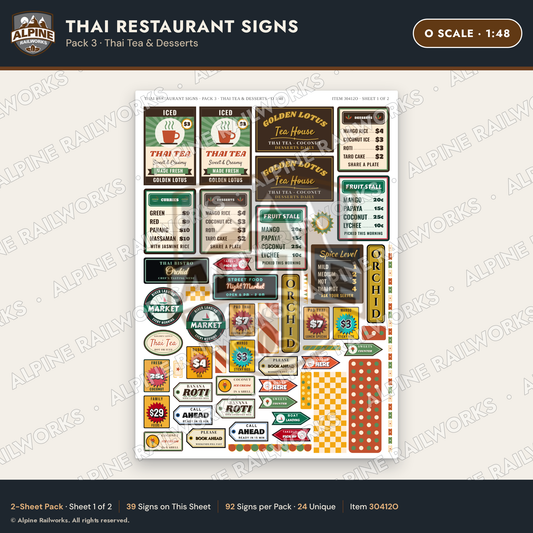Alpine Railworks 30412O O Scale Thai Restaurant Signs - Thai Tea