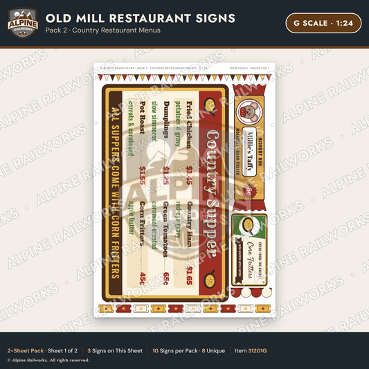 Alpine Railworks 31201G G Scale Old Mill Signs - Restaurant Menus