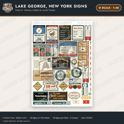 Alpine Railworks 31329O O Scale Lake George NY Signs - Diners & Cafes