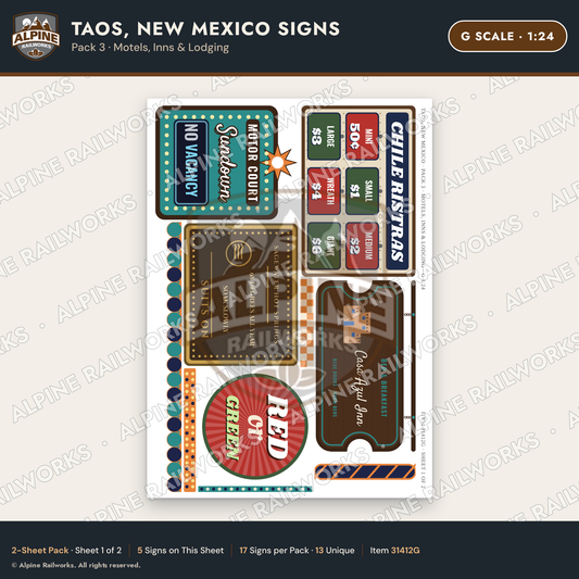 Alpine Railworks 31412G G Scale Taos NM Signs - Motels, Inns & Lodging