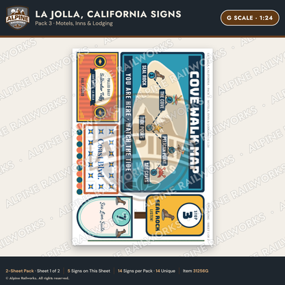 Alpine Railworks 31256G G Scale La Jolla CA Signs - Motels & Inns