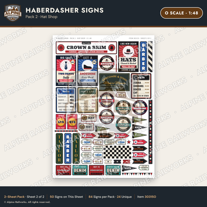 Alpine Railworks 30315O O Scale Haberdasher Signs - Hat Shop