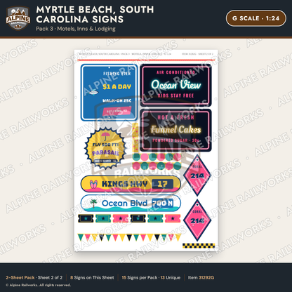 Alpine Railworks 31292G G Scale Myrtle Beach SC Signs - Motels & Inns