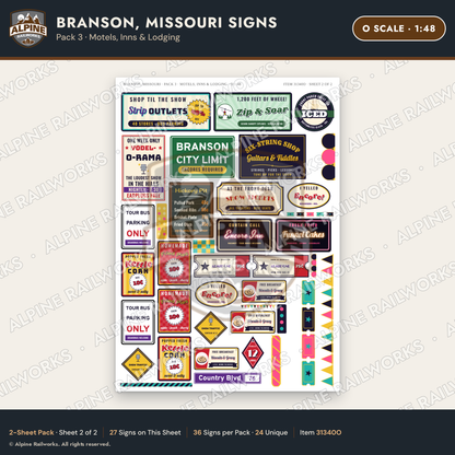 Alpine Railworks 31340O O Scale Branson MO Signs - Motels & Inns