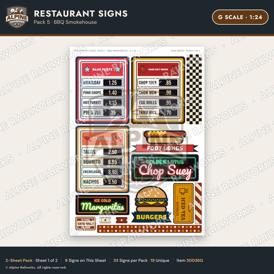 Alpine Railworks 30036G G Scale Restaurant Signs - BBQ Smokehouse