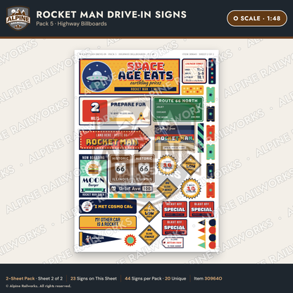Alpine Railworks 30964O O Scale Roadside Signs - Spaceman Drive-In