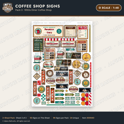 Alpine Railworks 30094O O Scale Coffee Shop Signs - Diner Coffee Shop