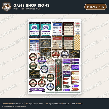 Alpine Railworks 30488O O Scale Game Shop Signs - Parlour Games 1900s