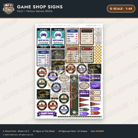 Alpine Railworks 30488O O Scale Game Shop Signs - Parlour Games 1900s