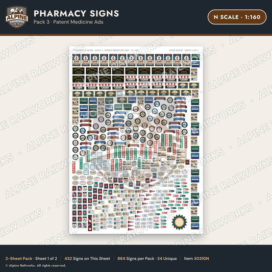Alpine Railworks 30310N N Scale Pharmacy Signs - Patent Medicine Ads