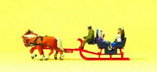 Preiser 30420 HO Scale Tourists in Sleigh Sleigh w/Driver, Passengers & 2 Horses