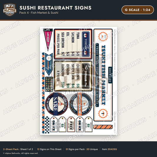 Alpine Railworks 30425G G Scale Sushi Restaurant Signs - Fish Market